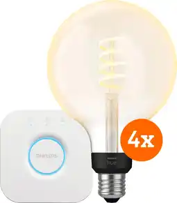 Coolblue Philips Hue Filament White Ambiance Globe XL 4-Pack + Bridge aanbieding