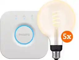 Coolblue Philips Hue Filament White Ambiance Globe XL 5-Pack + Bridge aanbieding