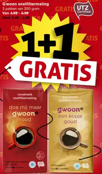 Hoogvliet G'woon snelfiltermaling 250g aanbieding