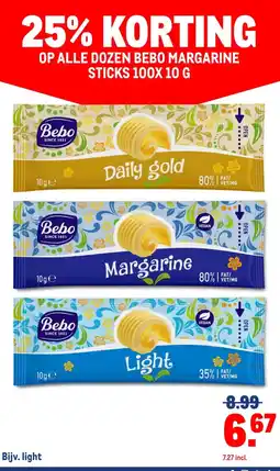 Makro OP ALLE DOZEN BEBO MARGARINE STICKS 100X 10 G aanbieding