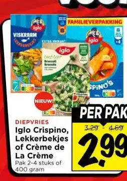 Vomar Voordeelmarkt DIEPVRIES Iglo Crispino, Lekkerbekjes of Crème de La Crème aanbieding
