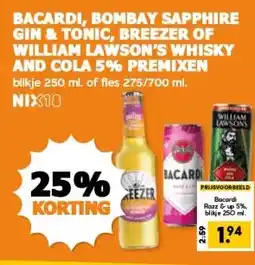 Coop BACARDI, BOMBAY SAPPHIRE GIN & TONIC, BREEZER OF WILLIAM LAWSON'S WHISKY AND COLA 5% PREMIXEN aanbieding