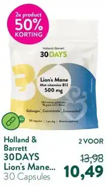 Holland & Barrett 30DAYS Lion's Mane Met Vitamine B12 500mg aanbieding