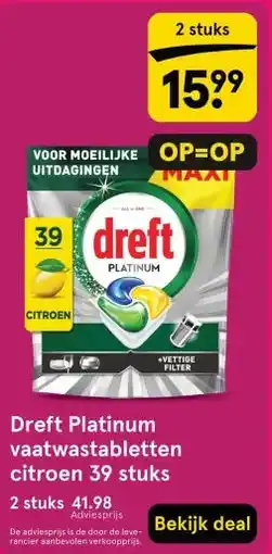 Etos Dreft Platinum vaatwastabletten citroen 39 stuks aanbieding