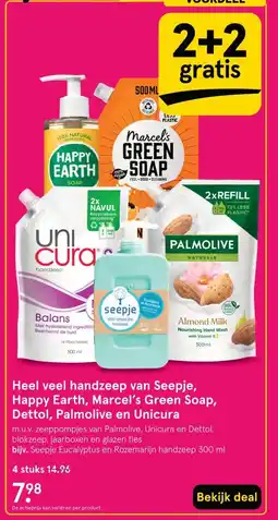 Etos Heel veel handzeep van Seepje, Happy Earth, Marcel's Green Soap, Dettol, Palmolive en Unicura aanbieding