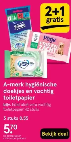 Etos A-merk hygiënische doekjes en vochtig toiletpapier aanbieding