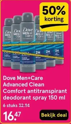 Etos Dove Men+Care Advanced Clean Comfort antitranspirant deodorant spray 150 ml aanbieding
