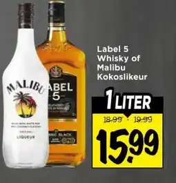 Vomar Voordeelmarkt Label 5 Whisky of Malibu Kokoslikeur aanbieding