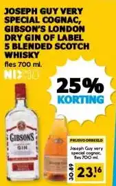 Boon`s Markt JOSEPH GUY VERY SPECIAL COGNAC, GIBSON'S LONDON DRY GIN OF LABEL 5 BLENDED SCOTCH WHISKY aanbieding