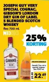 Boon`s Markt JOSEPH GUY VERY SPECIAL COGNAC, GIBSON'S LONDON DRY GIN OF LABEL 5 BLENDED SCOTCH WHISKY aanbieding