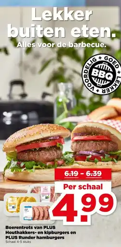 PLUS Boerentrots van PLUS Houthakkers- en kipburgers en PLUS Runder hamburgers aanbieding