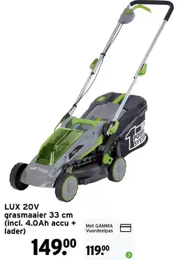 GAMMA Lux 20v grasmaaier 33 cm (incl. 4.0ah accu + lader) aanbieding