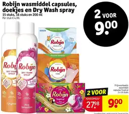 Kruidvat Robijn wasmiddel capsules, doekjes en Dry Wash spray aanbieding