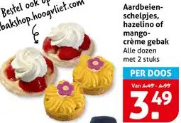 Hoogvliet Aardbeienschelpjes, hazelino of mango crème gebak aanbieding