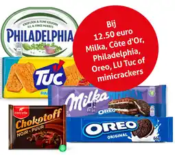 Hoogvliet Milka, Côte d'Or, Philadelphia, Oreo, LU Tuc of minicrackers aanbieding