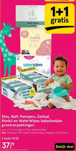 Etos Etos, Naïf, Pampers, Zwitsal, Kenkô en WaterWipes babydoekjes grootverpakkingen aanbieding