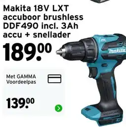 GAMMA Makita 18V LXT accuboor brushless DDF490 incl. 3Ah accu + snellader aanbieding