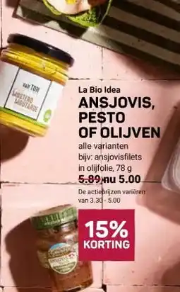 Ekoplaza La Bio Idea ANSJOVIS, PESTO OF OLIJVEN aanbieding