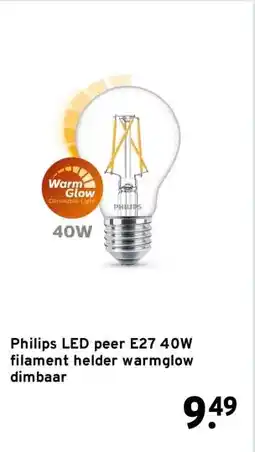 GAMMA Philips LED peer E27 40W filament helder warmglow dimbaar aanbieding