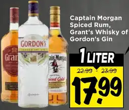 Vomar Voordeelmarkt Captain Morgan Spiced Rum, Grant's Whisky of Gordon's Gin aanbieding