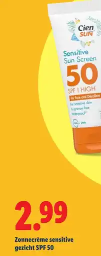 Lidl Zonnecrème sensitive gezicht SPF 50 aanbieding
