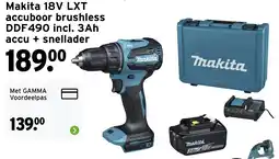 GAMMA Makita 18V LXT accuboor brushless DDF490 incl. 3Ah accu + snellader aanbieding