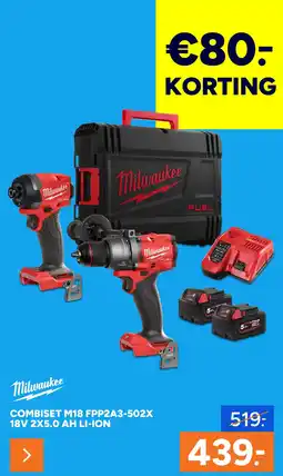 BOUWMAAT Milwaukee combiset M18 FPP2A3-502X 18V 2X5.0 AH LI-ION aanbieding