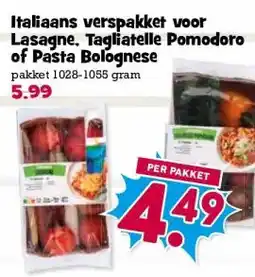 Boon`s Markt Italiaans verspakket voor Lasagne. Tagliatelle Pomodoro of Pasta Bolognese aanbieding