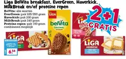 Boon`s Markt Liga BelVita breakfast, EverGreen, Haverkick, MilkBreak en/of proteïne repen aanbieding