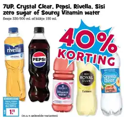 Boon`s Markt 7UP, Crystal Clear, Pepsi, Rivella, Sisi zero sugar of Sourcy Vitamin water aanbieding
