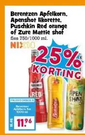 Boon`s Markt Berentzen Apfelkorn. Apenshot likorette. Puschkin Red orange of Zure Mattie shot aanbieding