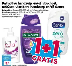Boon`s Markt Palmolive handzeep en/of douchgel, UniCura vloeibare handzeep en/of Sanex aanbieding