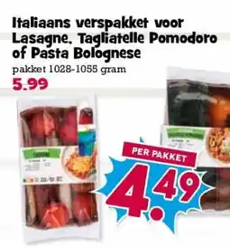 Boon`s Markt Italiaans verspakket voor Lasagne. Tagliatelle Pomodoro of Pasta Bolognese aanbieding