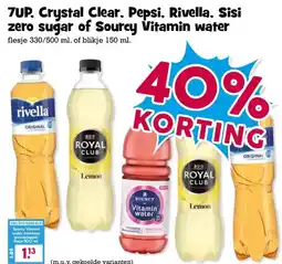 Boon`s Markt 7UP, Crystal Clear, Pepsi, Rivella, Sisi zero sugar of Sourcy Vitamin water aanbieding