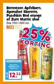 Boon`s Markt Berentzen Apfelkorn. Apenshot likorette. Puschkin Red orange of Zure Mattie shot aanbieding