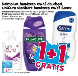 Boon`s Markt Palmolive handzeep en/of douchgel. UniCura vloeibare handzeep en/of Sanex aanbieding