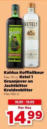 PLUS Kahlua Koffielikeur Fles 70 cl, Ketel 1 Graanjever en Jachtbitter Kruidenbitter aanbieding