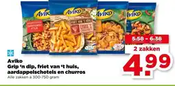 PLUS Aviko Grip 'n dip, friet van 't huis, aardappelschotels en churros aanbieding