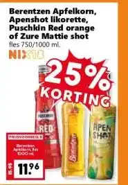 Coop Berentzen Apfelkorn, Apenshot likorette, Puschkin Red orange of Zure Mattie shot aanbieding