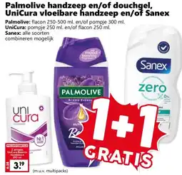 Coop Palmolive handzeep en/of douchgel, UniCura vloeibare handzeep en/of Sanex aanbieding