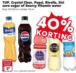 Coop 7UP, Crystal Clear, Pepsi, Rivella, Sisi zero sugar of Sourcy Vitamin water aanbieding