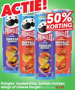Dekamarkt Pringles loaded fries, buffalo chicken wings of cheese burger aanbieding