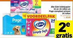 Albert Heijn Alle Edet toiletpapier 16 en 24 rollen en Page compleet schoon 24 rollen aanbieding