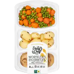 Dekamarkt Daily Chef Worteltjes en erwtjes met kipfilet krieltjes en peperroomsaus aanbieding