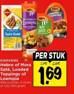 Vomar Voordeelmarkt DIEPVRIES Hebro of Mora Saté, Loaded Toppings of Loempia aanbieding