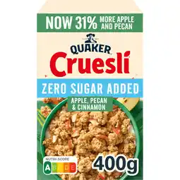 Jumbo Quaker Cruesli Zero Sugar Added Appel & Pecan & Kaneel 400 gr aanbieding