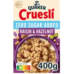 Jumbo Quaker Cruesli Zero Sugar Added Raisin & Hazelnut 400 gr aanbieding