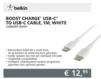 Informatique Belkin Boost charge USB-C to USB-C cable, 1m, white CAB003BT1MWH aanbieding