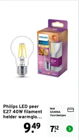 GAMMA Philips LED peer E27 40W filament helder warmglow dimbaar aanbieding