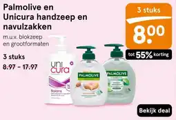 Etos Palmolive en Unicura handzeep en navulzakken aanbieding
